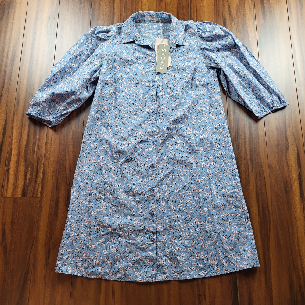 Pieces Blue Floral Long Sleeve Dress